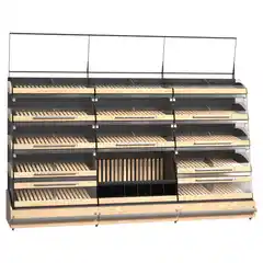 Витрина для пекарни и кондитерской с деревянными полками и откидными дверцами