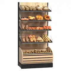 Витрина для пекарни и кондитерской с открытыми полками и нижней деревянной корзиной