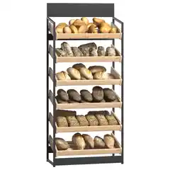 Витрина для пекарни и кондитерской с открытыми деревянными полками и металлическим каркасом