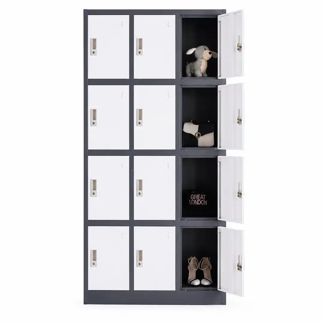 Metal locker for bags with 12 doors, grey-white, 900×400×1850 mm