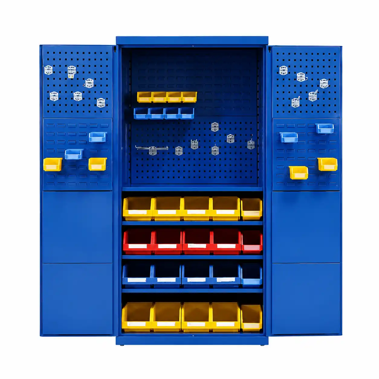 Dulap metalic cu panouri perforate și rafturi pentru organizare instrumente și utilaje