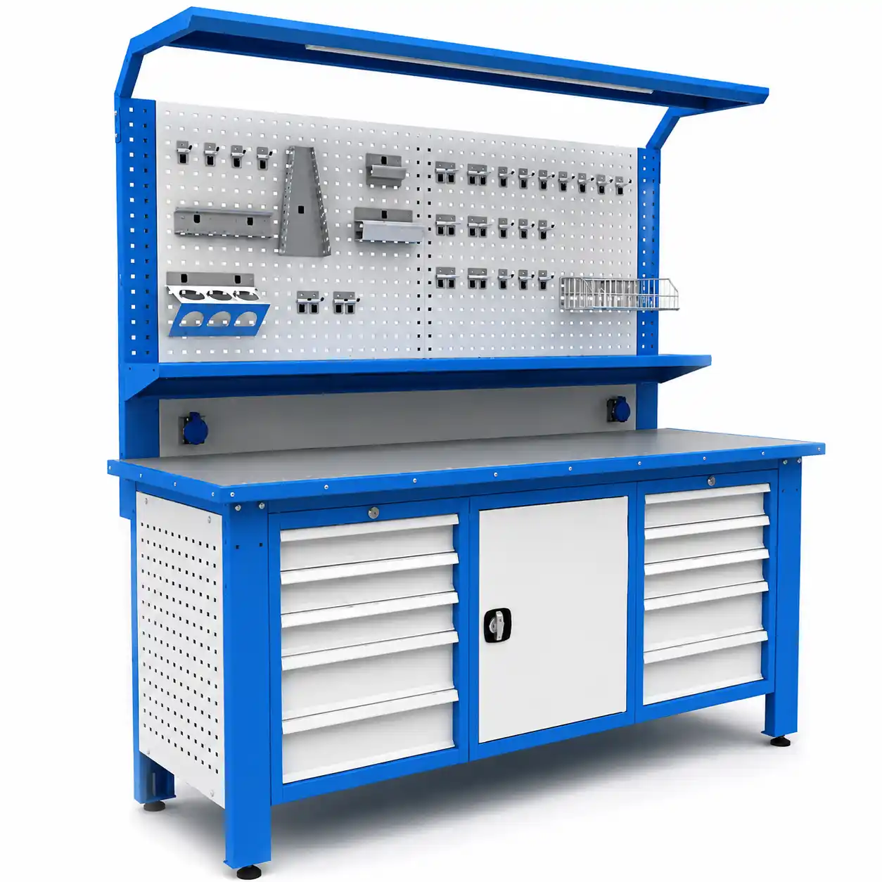 Metal workbench for workshop with drawers, cabinet and perforated panel