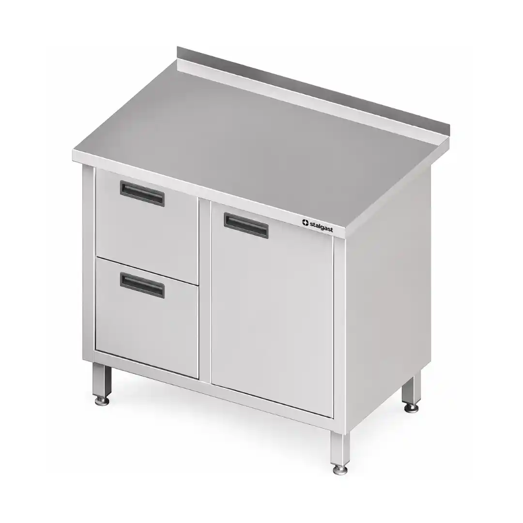 Masă de lucru din oțel inoxidabil cu 2 sertare pe stânga și dulap cu ușă batantă, 800 × 600 × 850 mm