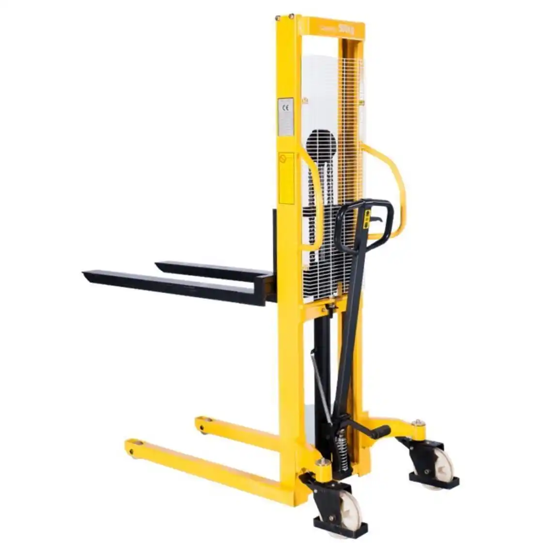 Manual stacker with operation height up to 1600 mm, maximum load 500 kg, dimensions 560x1150 mm