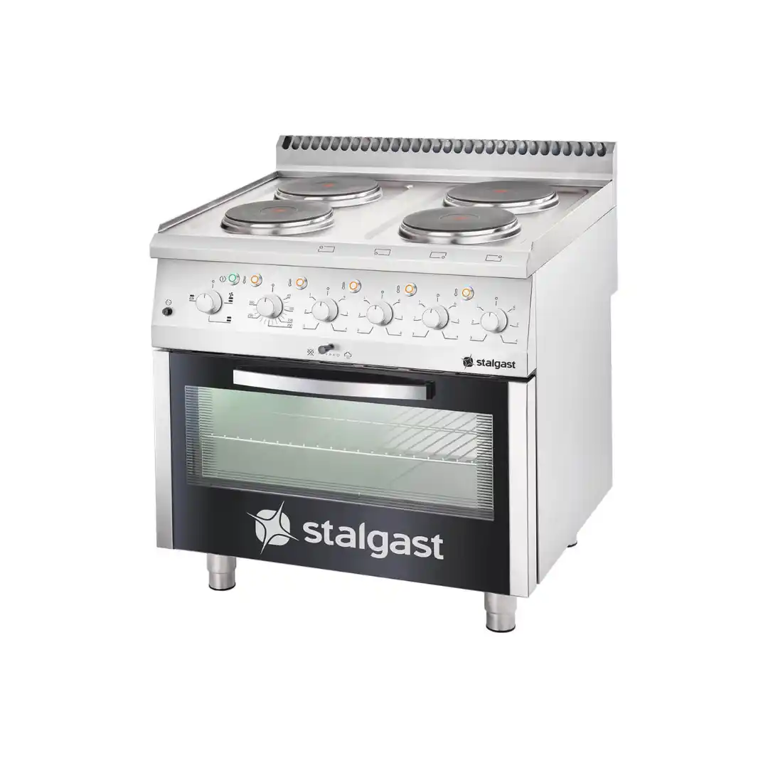 Aragaz professional electric cu 4 plite și cuptor static GN 2/1, 17,4 kW, 400 V, 800 × 700 × 850 mm
