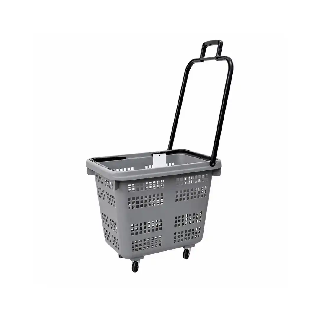 Coș din plastic pe roți, 3 mânere, 65 l, gri, 640×390×460 mm