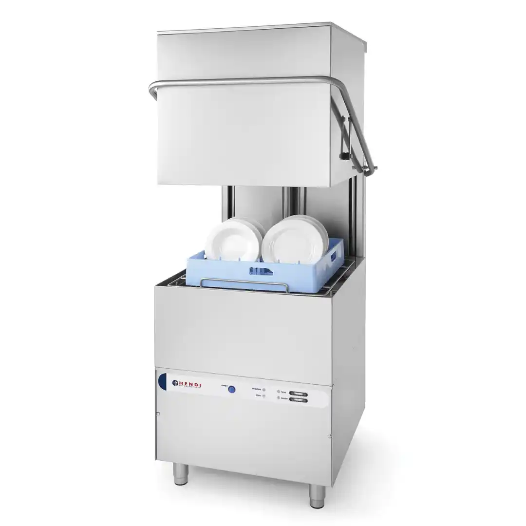 Mașină de spălat vase cu capotă 500×500 mm, control electromecanic, dozatoare de clătire și detergent