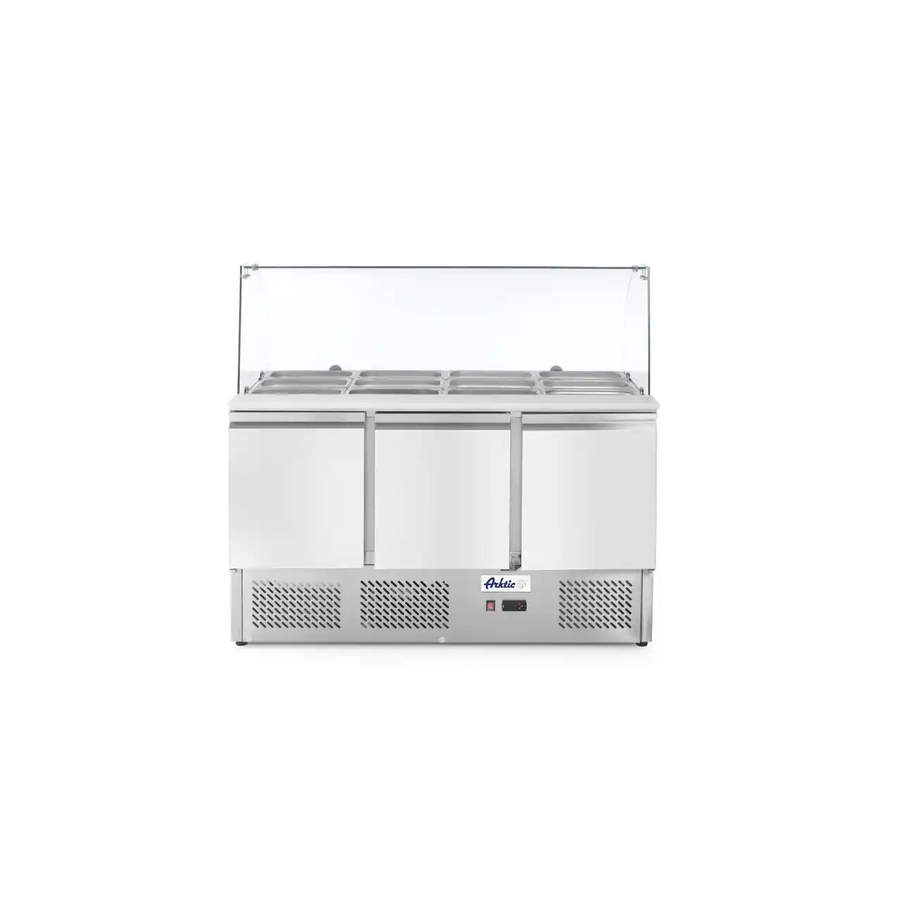 Refrigerated saladette counter with 3 doors and glass screen, 380 L, 230 V, 310 W, 1365×700×1300 mm