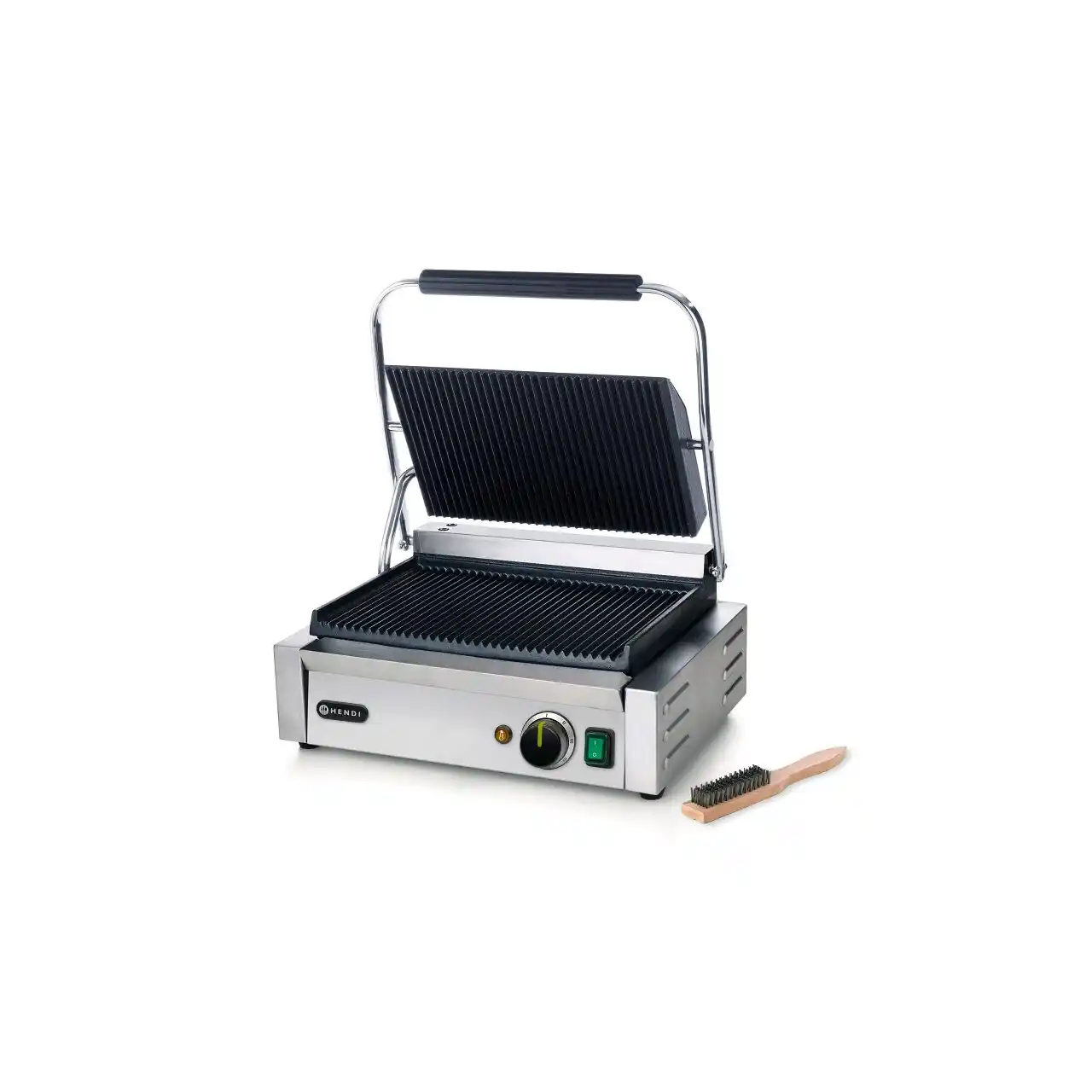 Professional Panini contact grill, Hendi, 2200W, ribbed upper and lower plates, cast iron with ceramic coating, grill surface 340 x 230 mm