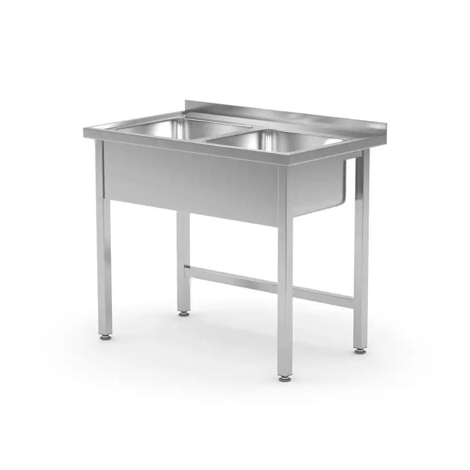 Masă din oțel inoxidabil cu două cuve, adâncime 600 mm, Kitchen Line, 1000x600x(H)850 mm