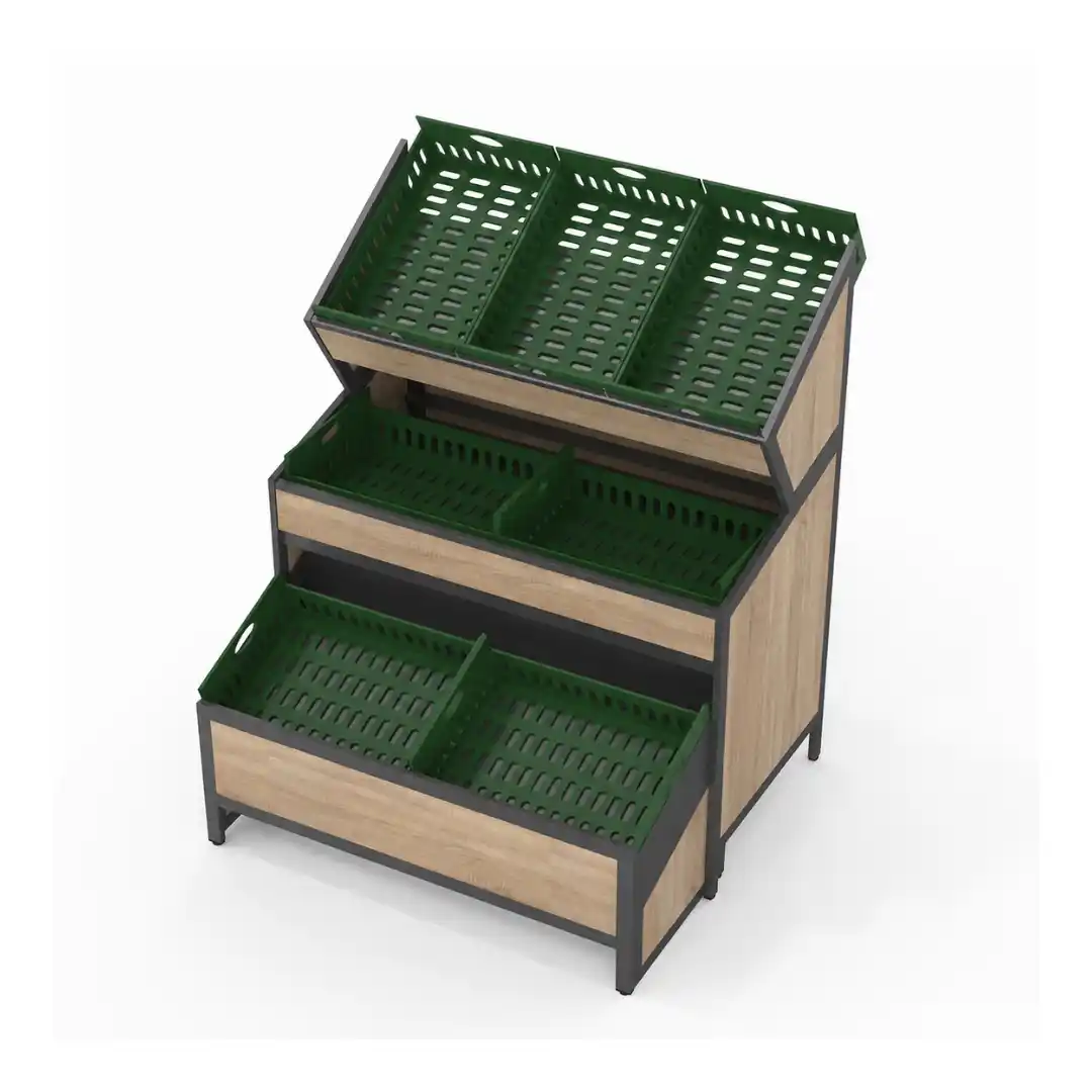 Stationary fruit and vegetable display rack with mobile reserve cart, 1250 × 680 × 1500 mm