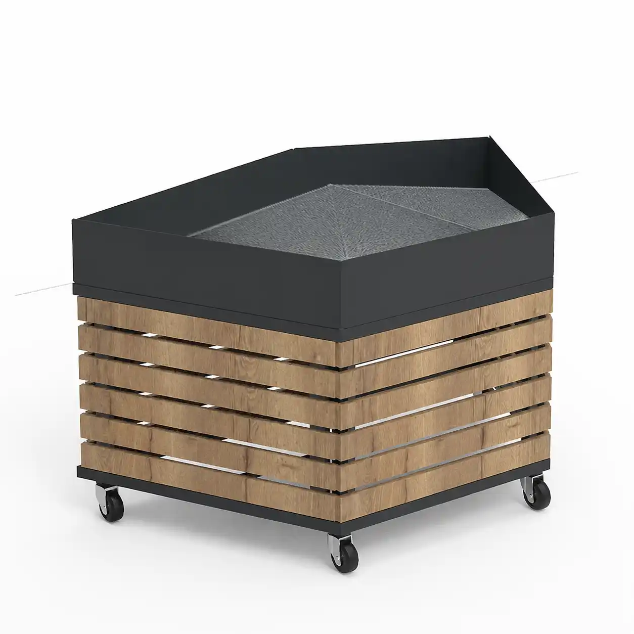Mobile corner shelving unit for fruit and vegetable display
