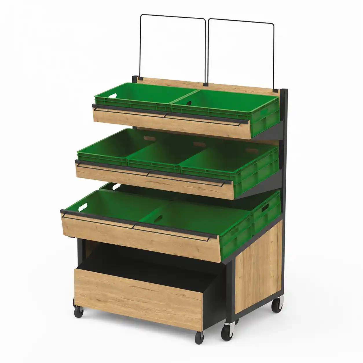 Wall-mounted fruit and vegetable shelving unit with mobile backup trolley, 1200×840×1500 mm