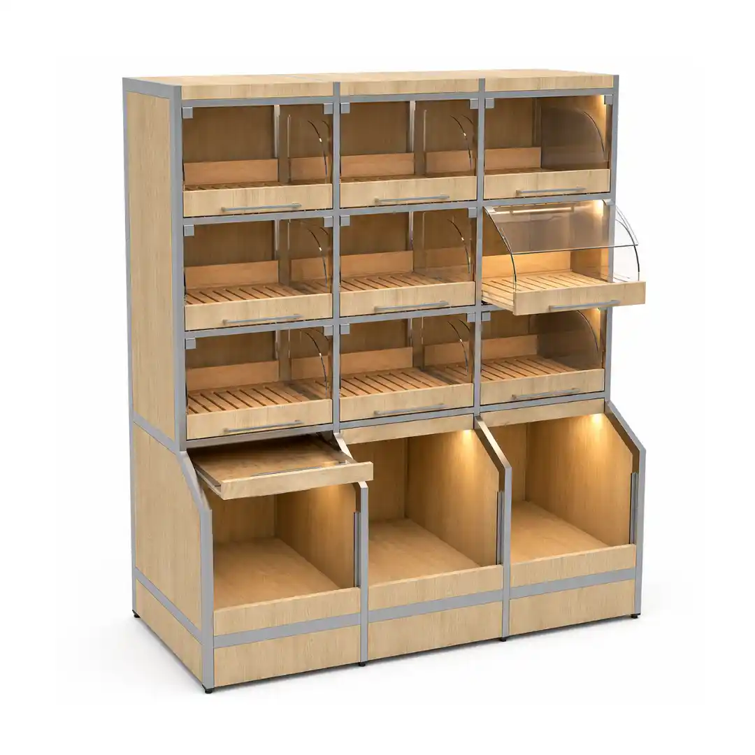 Vitrină de panificație cu autoservire, 6 compartimente și 2 sertare, 980 × 700 × 1720 mm