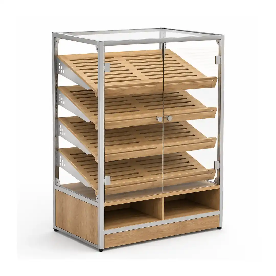 Raft cu autoservire pentru pâine proaspătă cu polițe din lemn, 4 compartimente, 1200 × 800 × 1820 mm