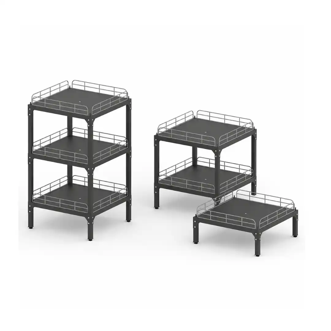 Stand promoțional modular cu 3 niveluri și margini metalice, 600 × 600 × 1100 mm