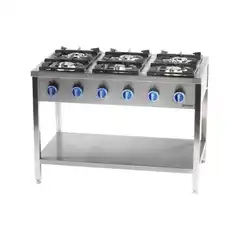 Профессиональная газовая плита с 6 конфорками, общая мощность 36,5 кВт.