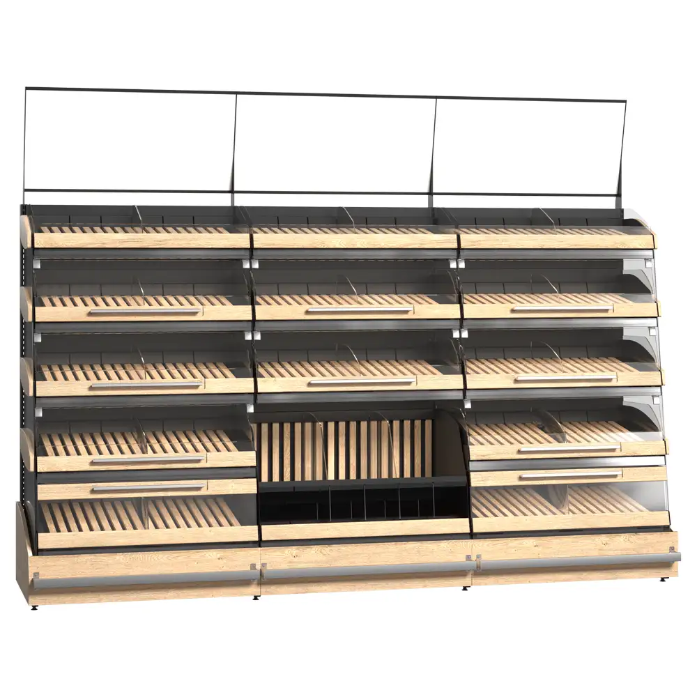 Витрина для пекарни и кондитерской с деревянными полками и откидными дверцами