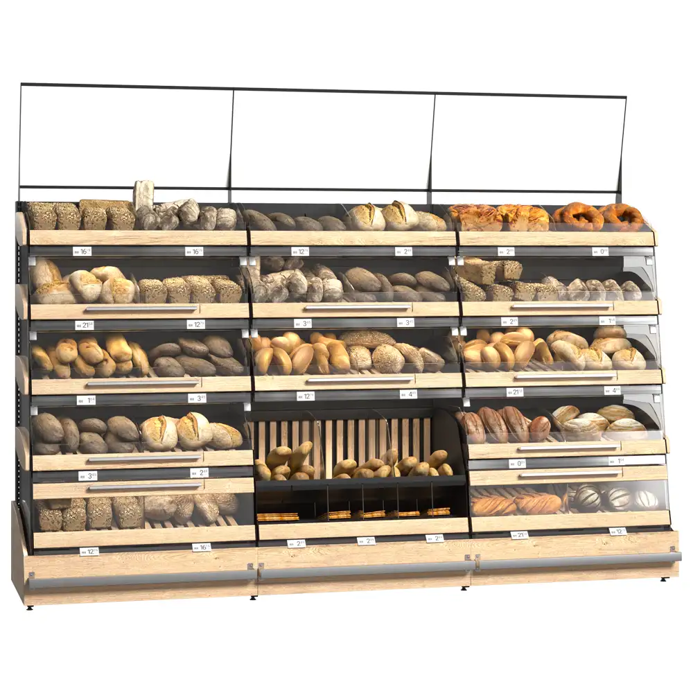 Витрина для пекарни и кондитерской с деревянными полками и откидными дверцами