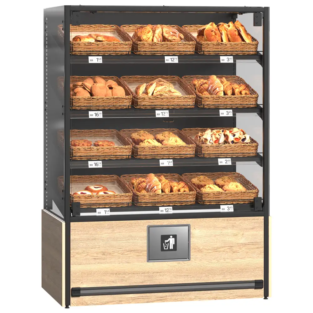 Витрина для пекарни и кондитерской с наклонными полками и стеклянными дверцами