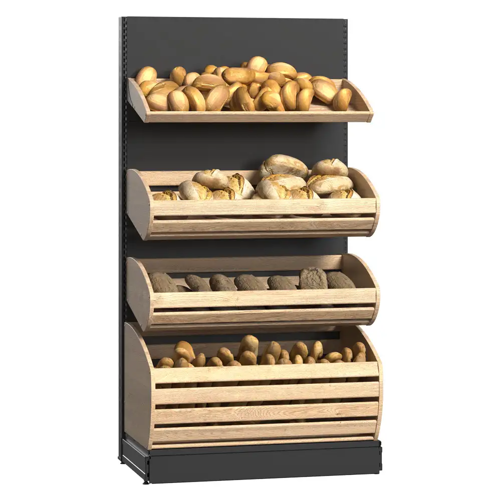 Витрина для пекарни и кондитерской с металлической панелью и деревянными корзинами