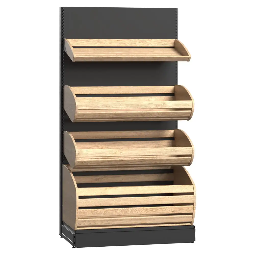 Витрина для пекарни и кондитерской с металлической панелью и деревянными корзинами