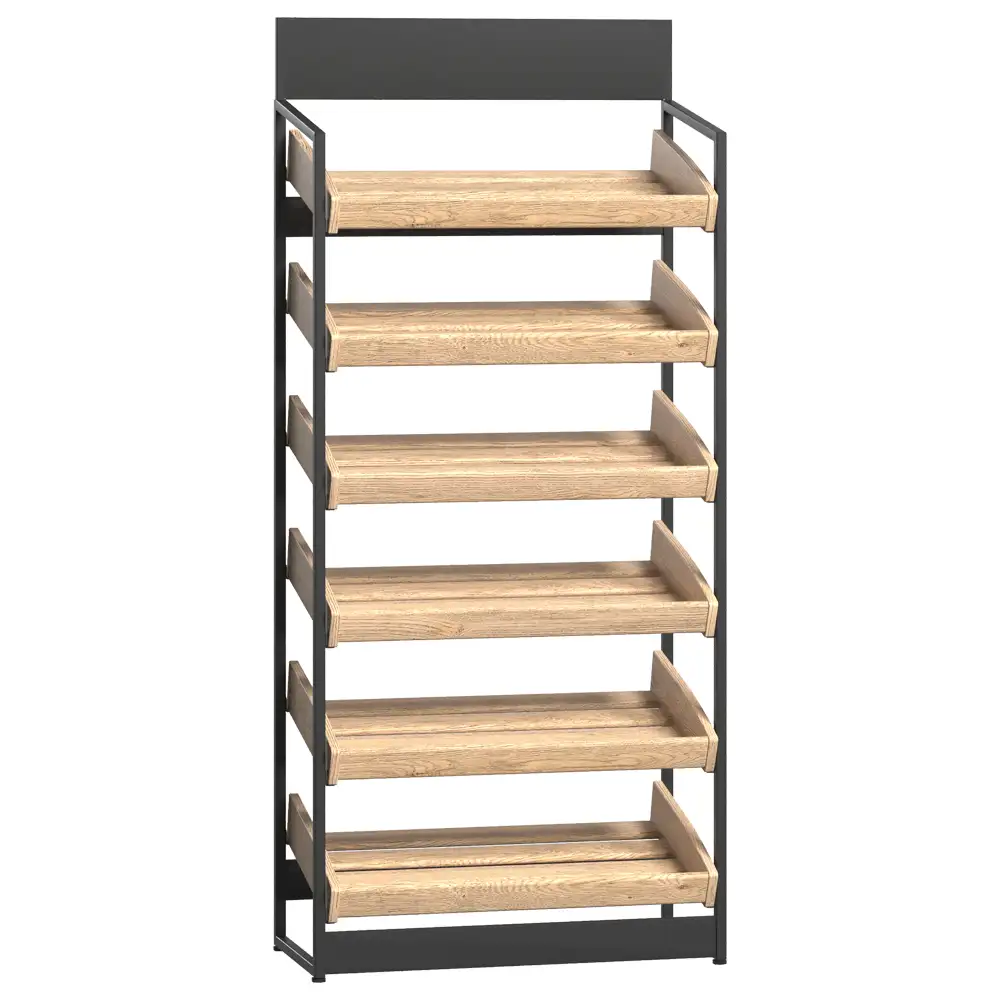 Витрина для пекарни и кондитерской с открытыми деревянными полками и металлическим каркасом