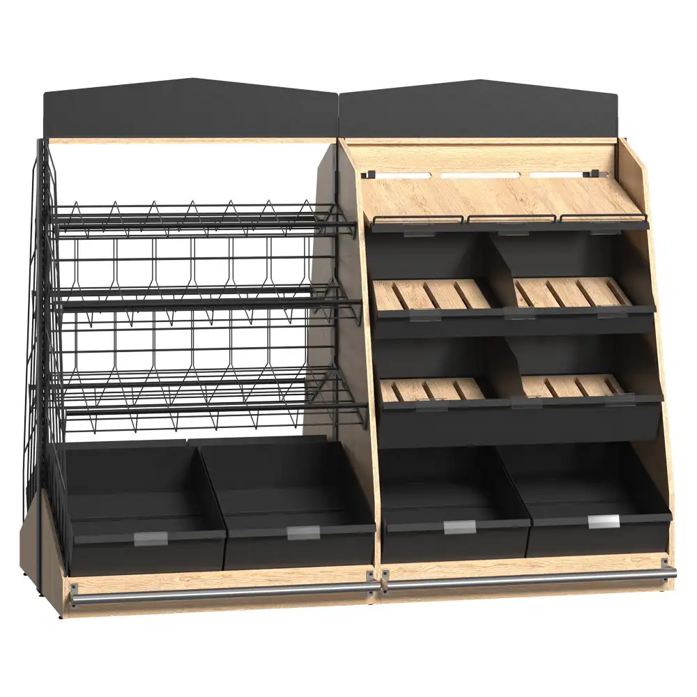 Гондола-витрина для пекарни и кондитерской с полками из фанеры и проволоки