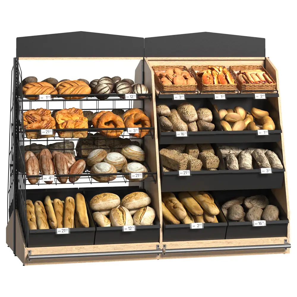 Гондола-витрина для пекарни и кондитерской с полками из фанеры и проволоки