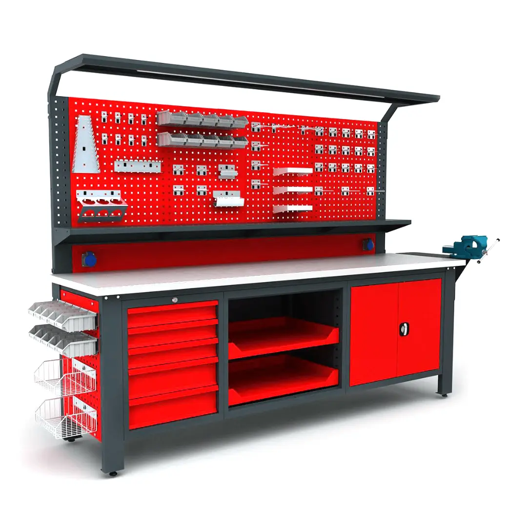 Промышленный металлический верстак с перфорированной панелью, красный, 2050 × 730 × 2560 мм